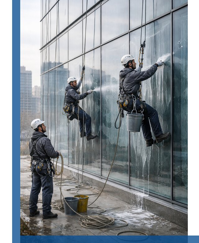 Промышленная мойка панорамных окон на высоте в Серпухове