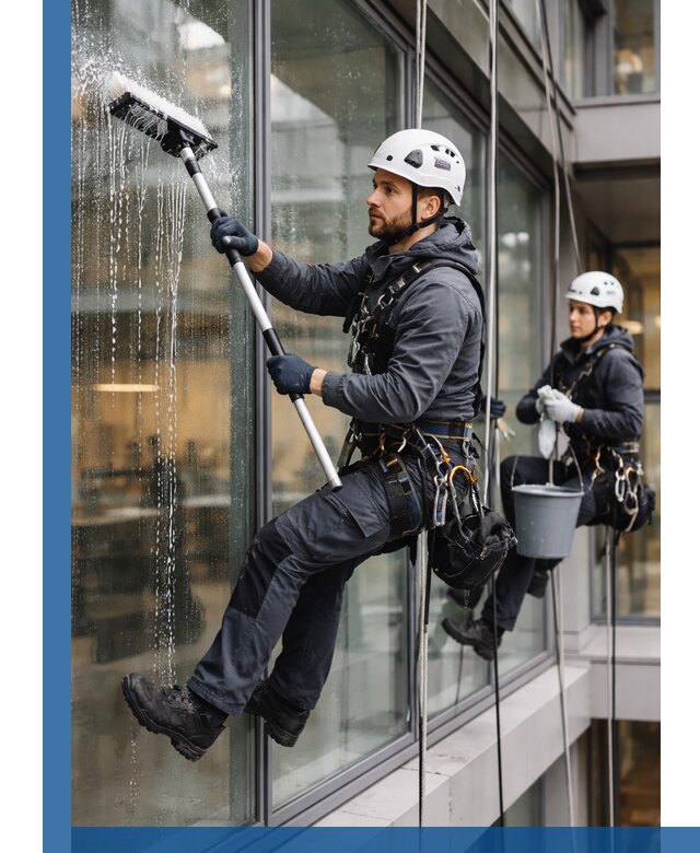 Профессиональная мойка витражей промышленными альпинистами в Серпухове