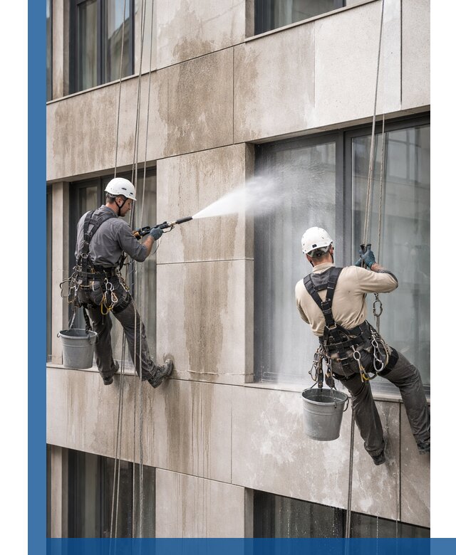 Послестроительная мойка фасада промышленным альпинизмом в Серпухове