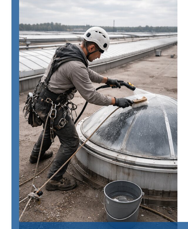 Мойка зенитных фонарей на кровле для промышленных объектов в Серпухове