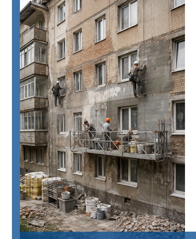 Капитальный ремонт фасада в Серпухове с восстановлением и гидроизоляцией