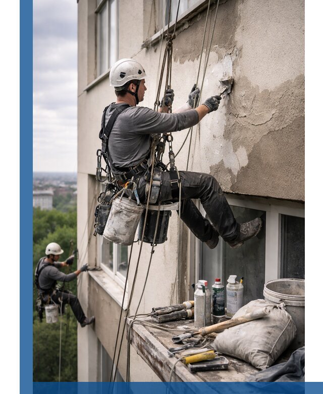 Косметический ремонт фасада зданий в Серпухове промышленными альпинистами