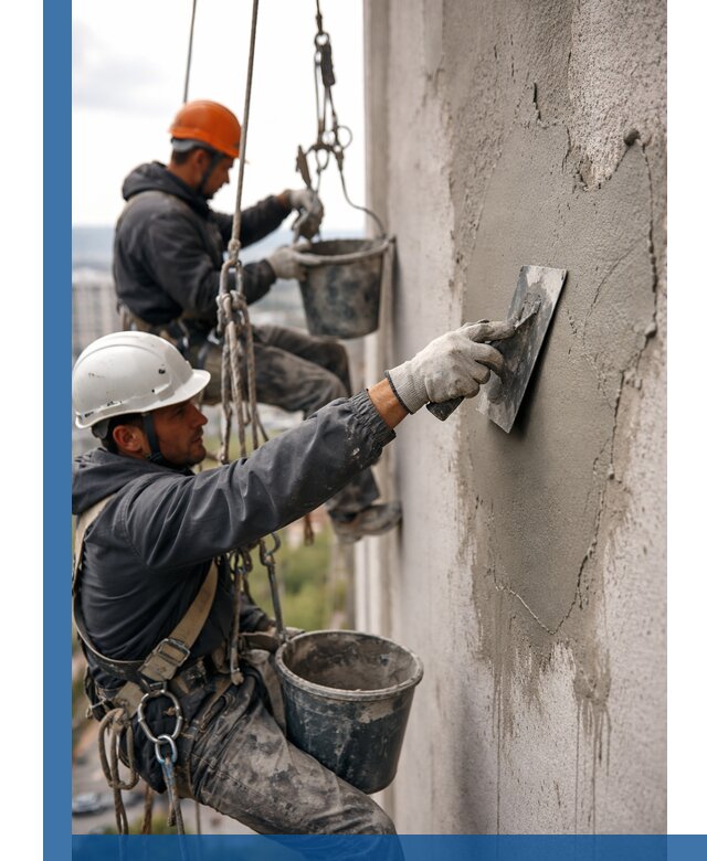 Штукатурка фасада на высоте в Серпухове профессиональные работы