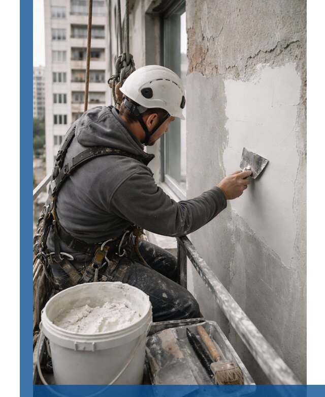 Шпаклевка фасадов на высоте с промальпинистами в Серпухове