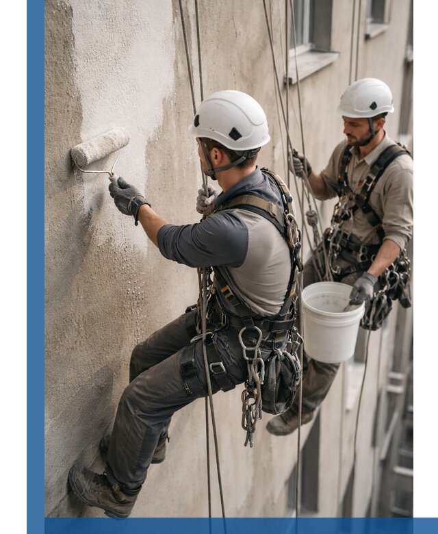 Грунтовка фасада на высоте в Серпухове промышленными альпинистами