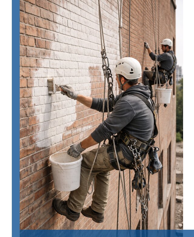 Покраска кирпичного фасада с доступным альпинистским сервисом в Серпухове
