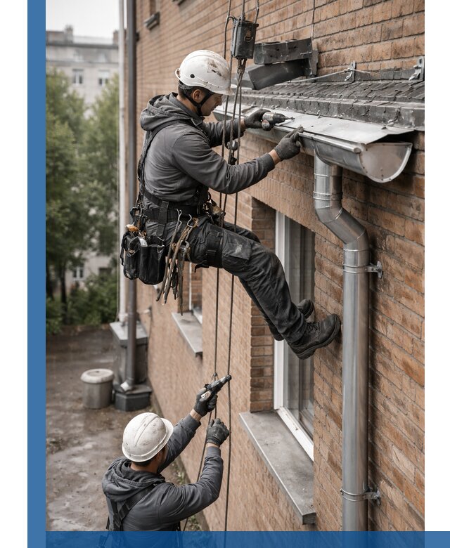 Монтаж водосточной системы на здании в Серпухове под ключ