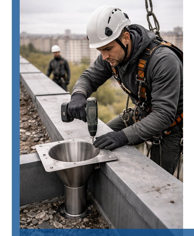 Монтаж водосточных воронок в Серпухове для промышленных зданий