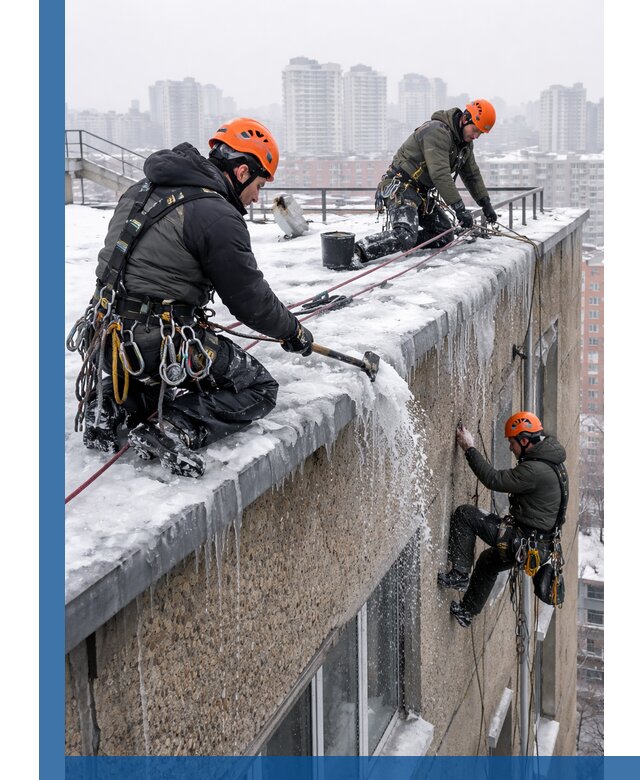 Удаление наледи с кровли в Серпухове промышленными альпинистами