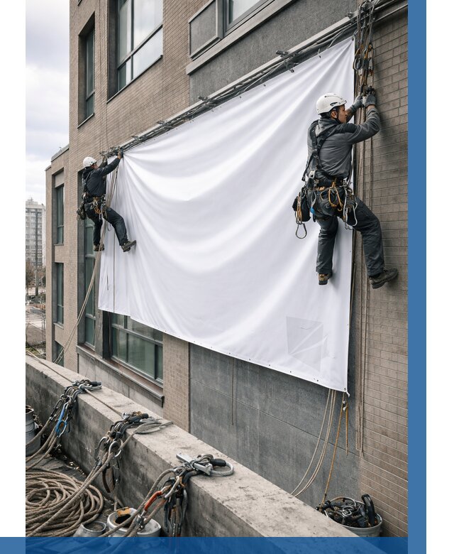 Монтаж баннеров на фасаде в Серпухове от 660 р. заказать ВЫСОТНИК-Срп