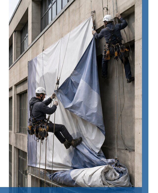 Демонтаж баннеров с фасада в Серпухове от 4572 р. | ВЫСОТНИК-Срп