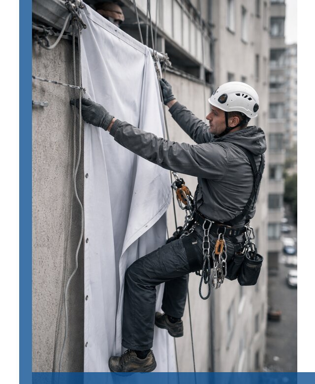 Замена баннерного полотна промышленными альпинистами в Серпухове