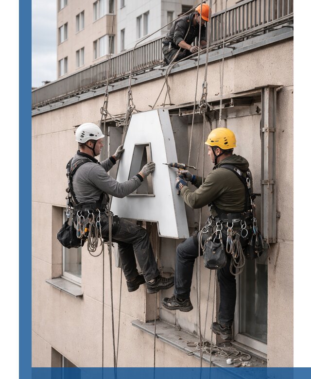 Ремонт и восстановление наружных вывесок на высоте в Серпухове