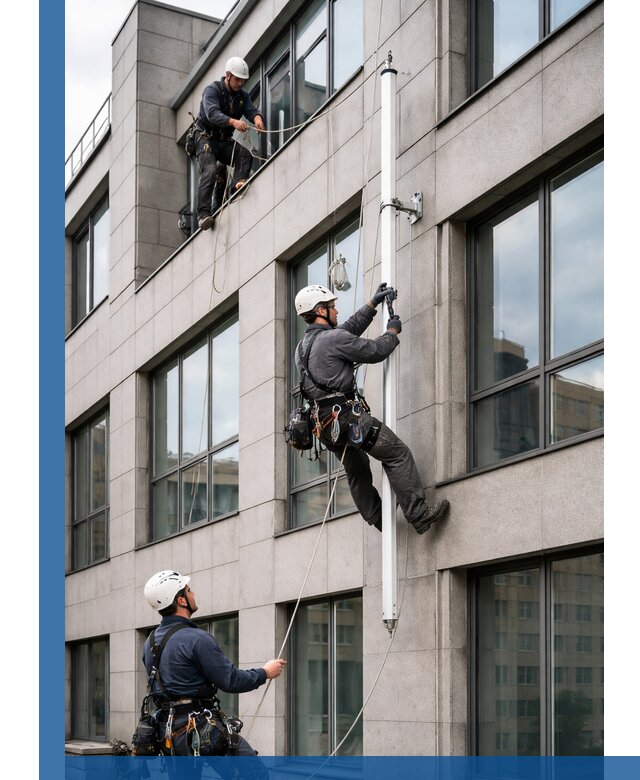 Монтаж флагштока на фасаде здания с креплением и герметикой в Серпухове