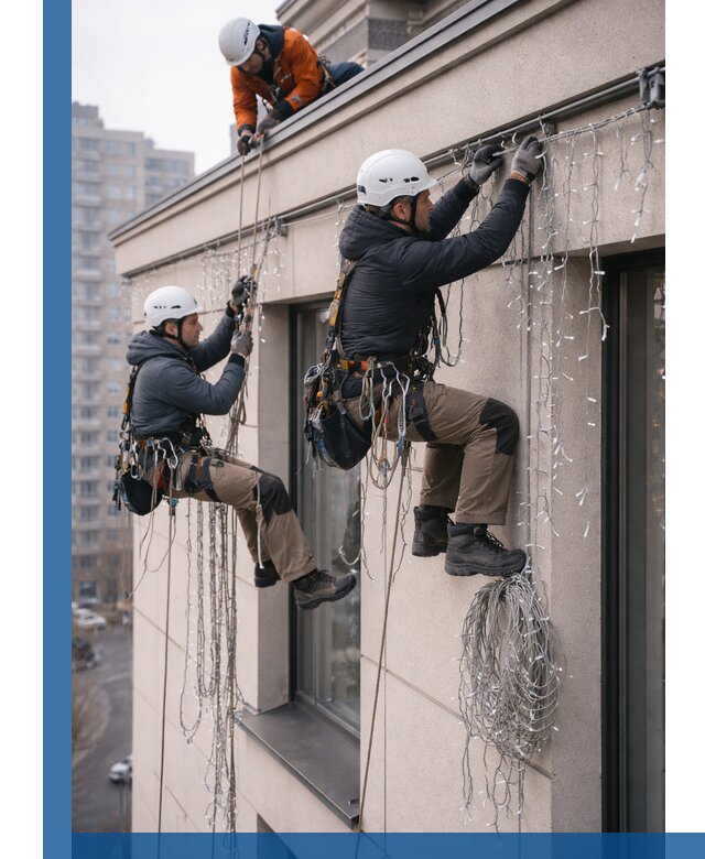 Монтаж праздничных гирлянд на фасаде в Серпухове для зданий