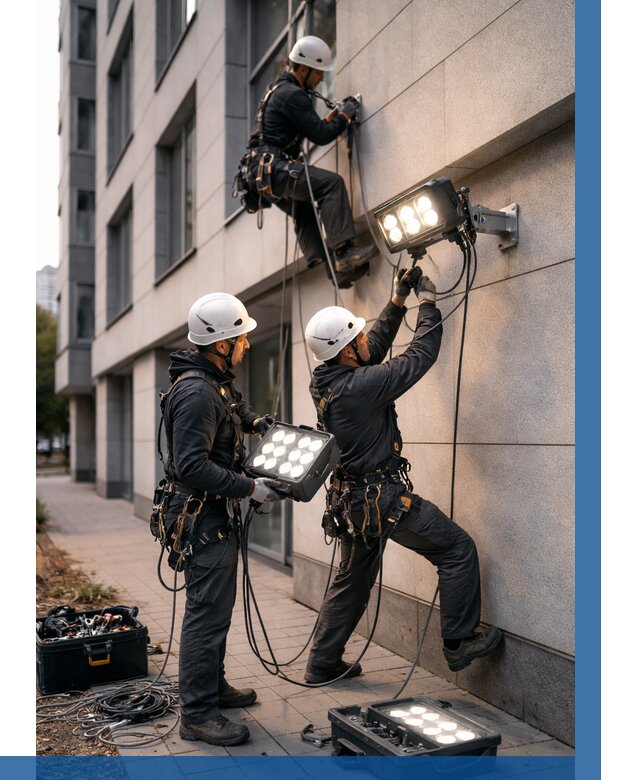 Монтаж прожекторов на фасаде в Серпухове от 7621 р. | ВЫСОТНИК-Срп