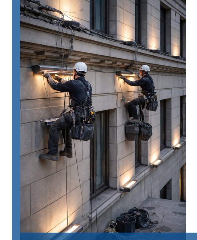 Монтаж архитектурной подсветки фасадов зданий в Серпухове