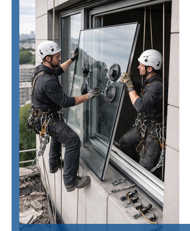 Замена стеклопакетов на высоте с промышленными альпинистами в Серпухове