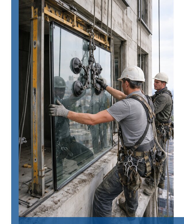 Монтаж стеклопакетов на высоте в Серпухове с промышленным альпинизмом