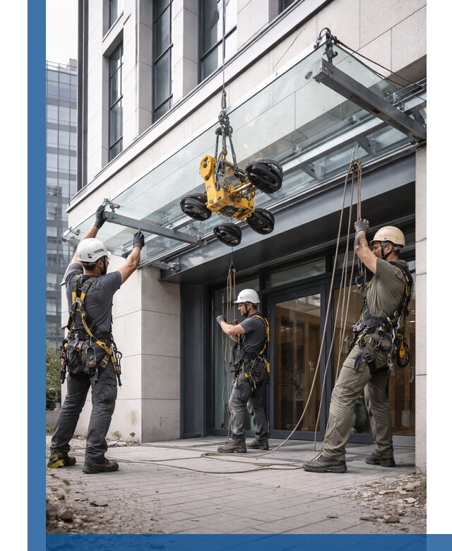 Монтаж стеклянных козырьков под ключ в Серпухове для зданий