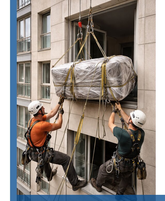 Подъем грузов через окно в Серпухове промышленными альпинистами