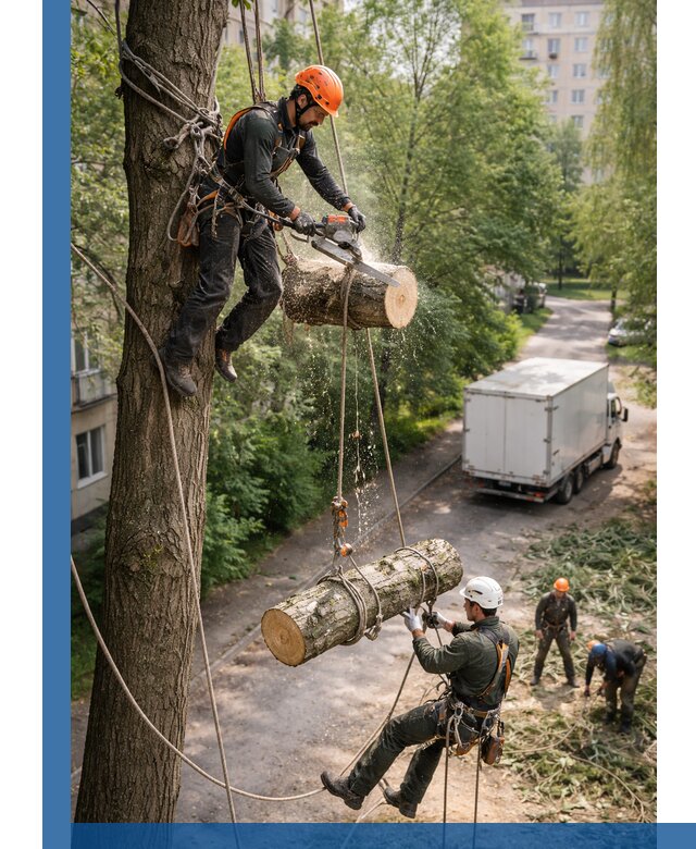 Спил деревьев альпинистами в Серпухове, безопасно и без повреждений