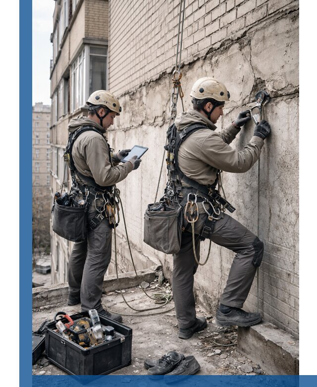 Обследование фасада промышленными альпинистами в Серпухове